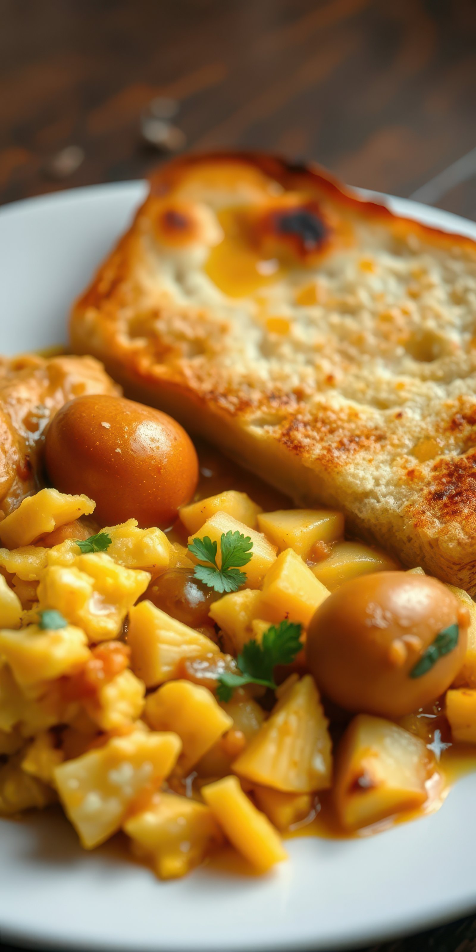 Delicious breakfast featuring savory potatoes and golden eggs served with crispy bread